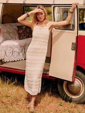 Sezane Leyla Crochet Knit Midi Dress Cream Size Medium